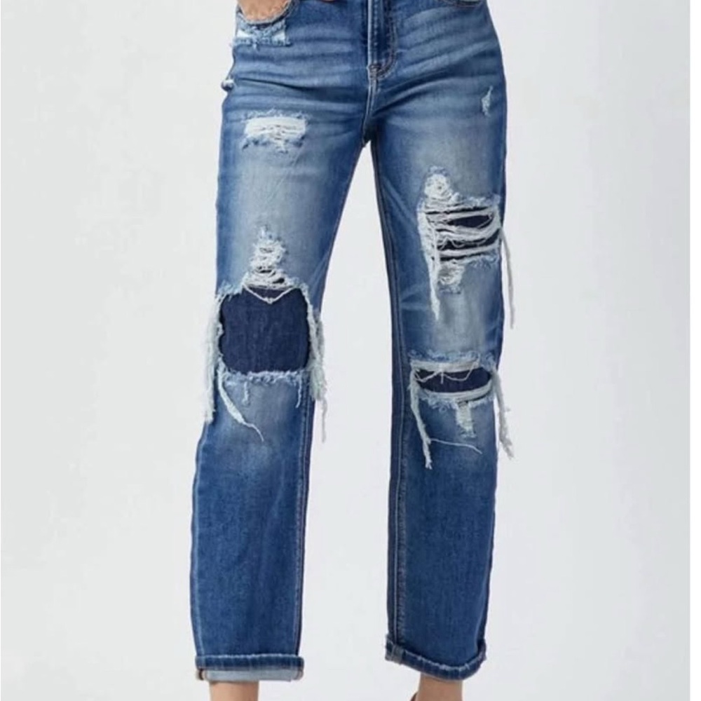 RISEN: Distressed Blue Cropped Jeans